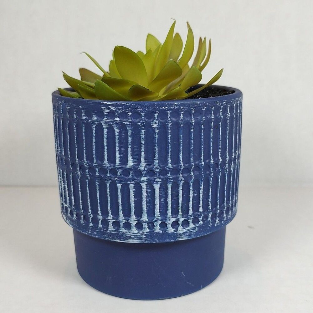 Artificial Fake Succulent Plant Blue Textured Ceramic Planter Whitewashed Desk - Picture 3 of 10